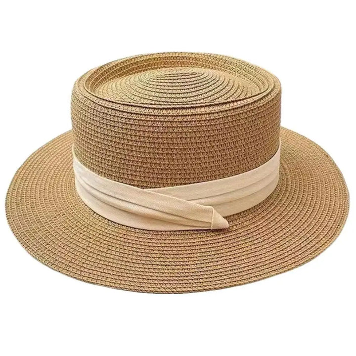 Boater Straw Hat wide brim French elegant square ribbon women&