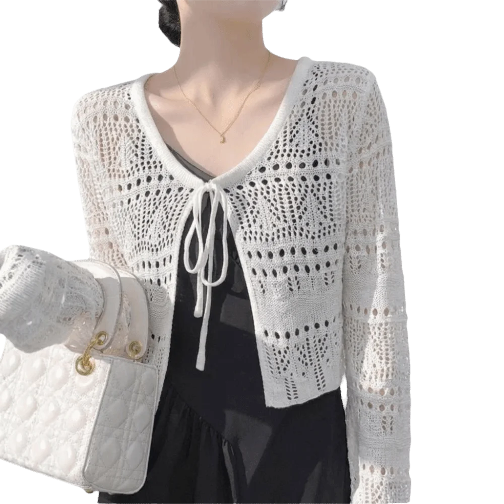 Fashion Hollow Out Knitted Cardigan Thin V-Neck Sun-Proof Tops Long Sleeve Casual Outwear Summer