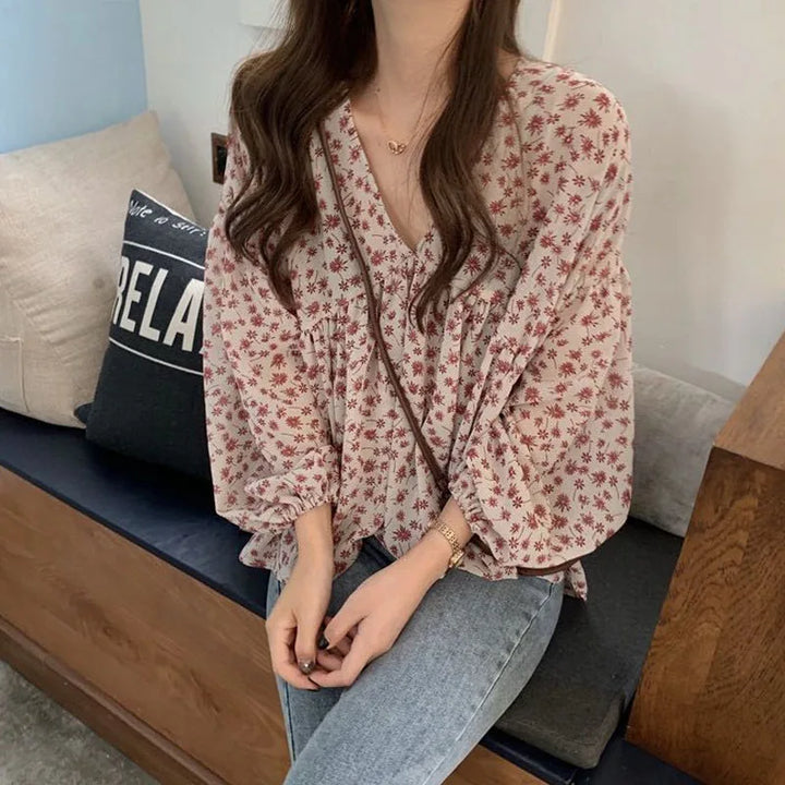V-neck Chiffon Shirt Women Sweet Tops Blouse 2025 Spring Korean Floral Print Long Sleeve Casual Loose Slim Lady Clothes New 9307