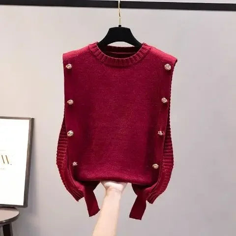 Black Knit Tops For Woman Red Winter Button Round O Neck Women&