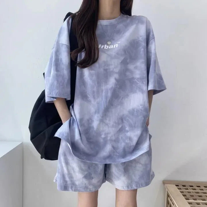Women T-Shirt Shorts Suit Set Casual Tie Dye Loose Tshirt and Wide Leg Middle Shorts with Pockets Female Soft Summer Shorts Sets