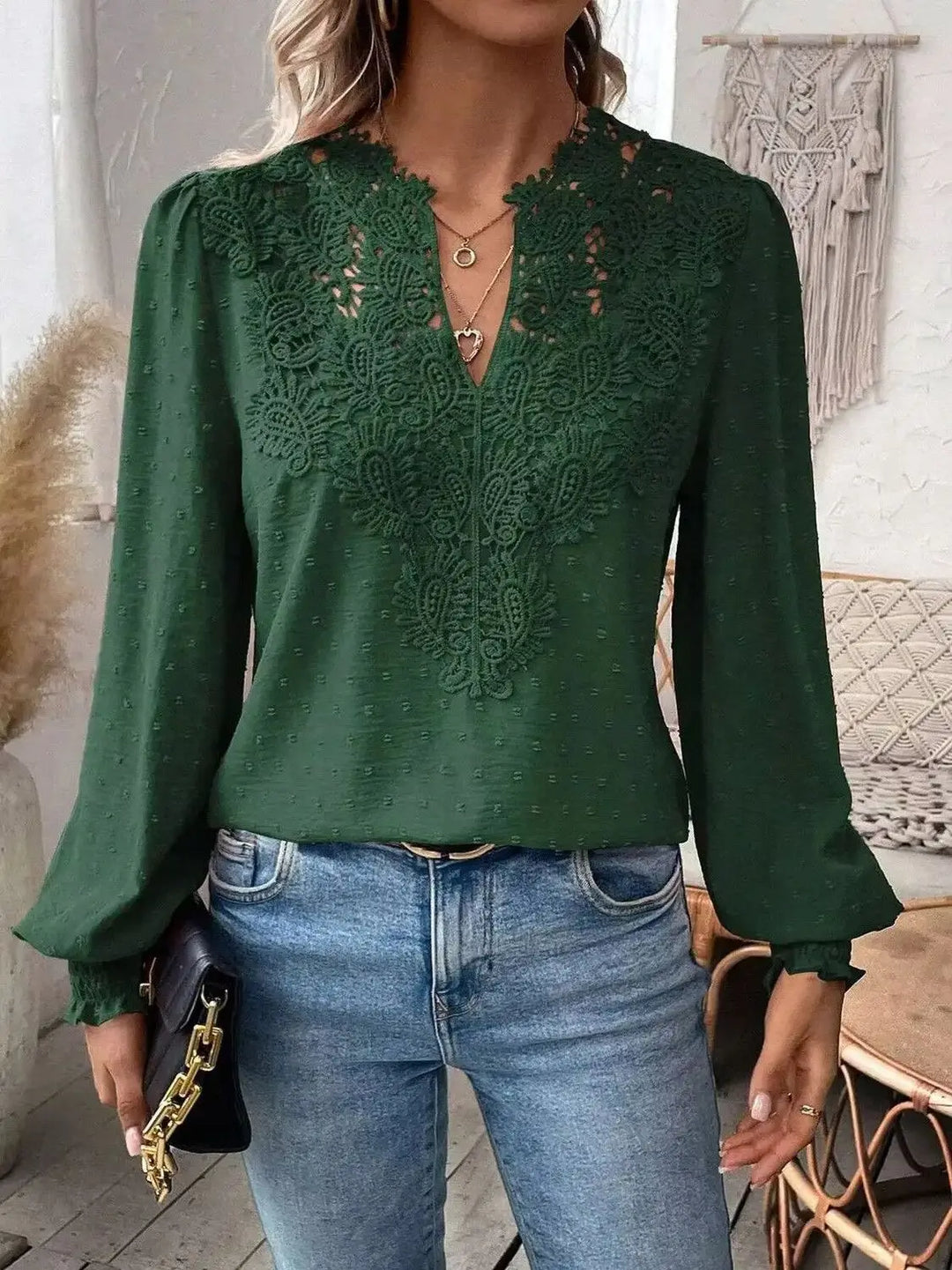 2026 New V-Neck Lace Splicing Long Sleeve Casual Shirt Women&