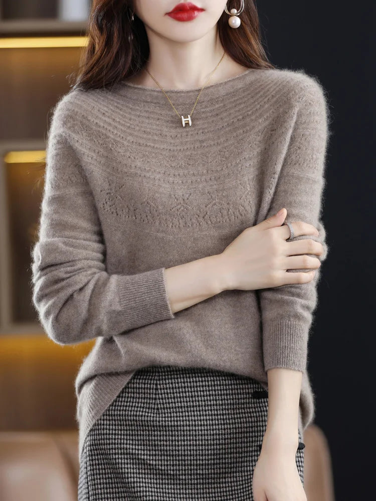 Women 100% Merino Wool Sweater Autumn Winter Pullovers O-Neck Hollow Cashmere Knitwear Female Basic Bottoming Clothing Tops