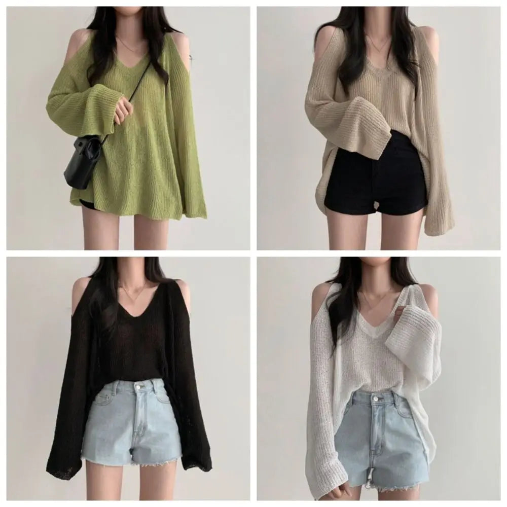 Fashion Hollow Out Knit Long T-shirt Pullover V-neck Crochet Knitwear Long Sleeve Chic Knitted Loose Top Women