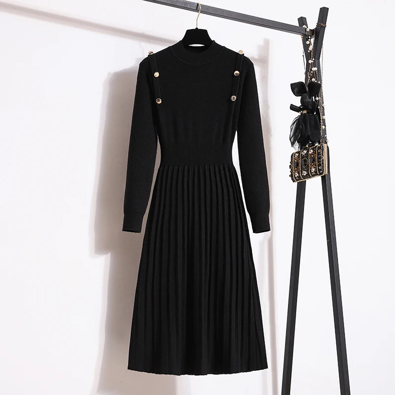 Fall Winter Knitted Solid Sweater Dresses For Women Fashion Elegant Long Sleeve Pullover Knitwears Maxi Dresses Koeran Vestidos