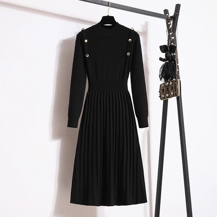 Fall Winter Knitted Solid Sweater Dresses For Women Fashion Elegant Long Sleeve Pullover Knitwears Maxi Dresses Koeran Vestidos
