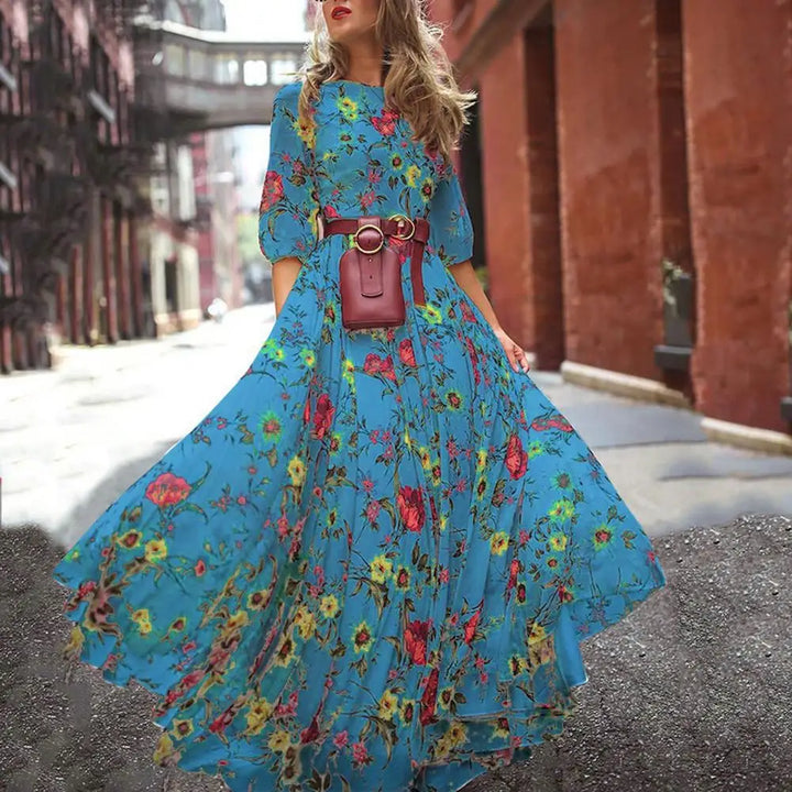 Slim-fitting Printed Dress Elegant Floral Maxi Dress for Women A-line Silhouette High Waist Design Half Sleeve Detail for Spring