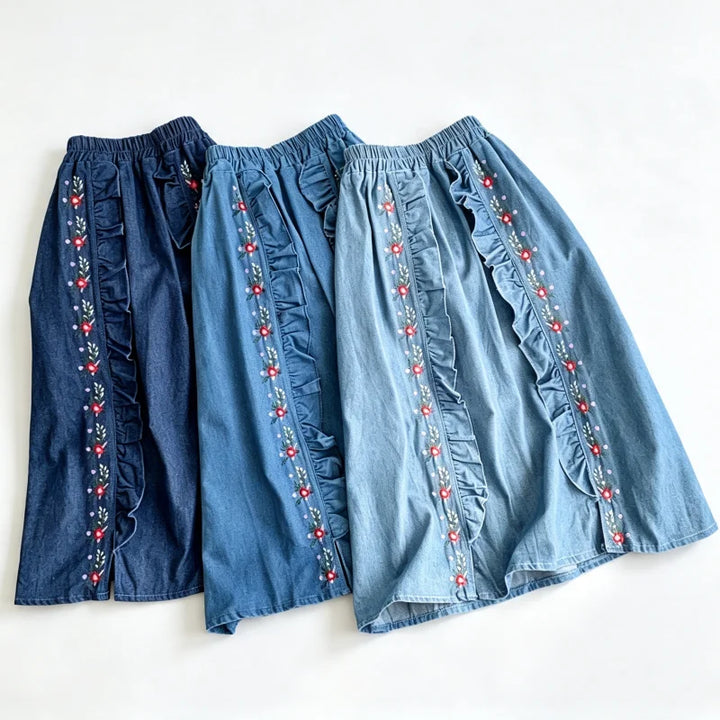 Women Denim Midi Skirt Vintage Floral Embroidery Ruffled Split A‑Line Skirt Elastic High Waist Casual Boho Long Jean Skirt