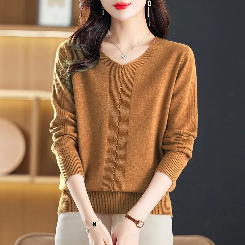 New V Neck Long Sleeve Top For Women Knitted Autumn Winter Sweater For Woman Elegant Style Knitwear Woolen Female Clothing