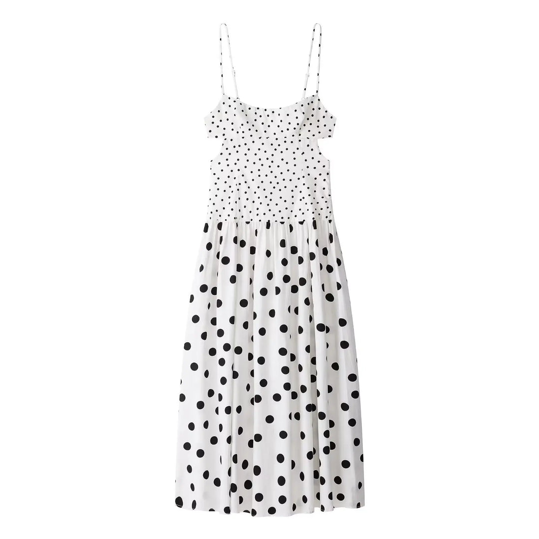 Women White Polka Dot Maxi Dress Summer Female French Style Spaghetti Strap Dress Lady Elegant Chic Cutout Waist Party Sundress
