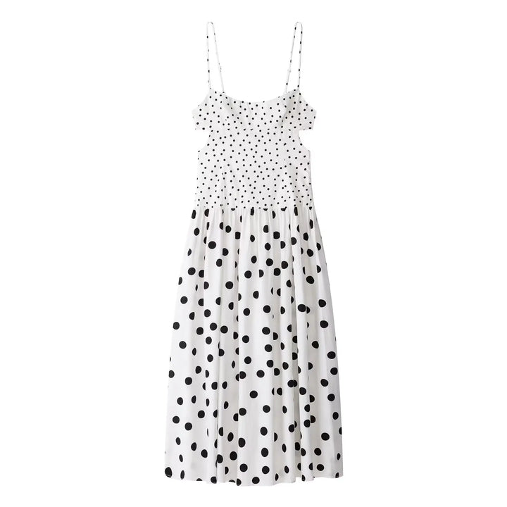 Women White Polka Dot Maxi Dress Summer Female French Style Spaghetti Strap Dress Lady Elegant Chic Cutout Waist Party Sundress
