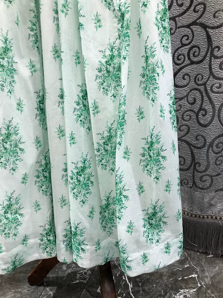 100%Cotton Long Dress 2026 Summer Bohemian Beach Lady Green Leaves Prints Elastic Waist Short Sleeve White Long Maxi Dress