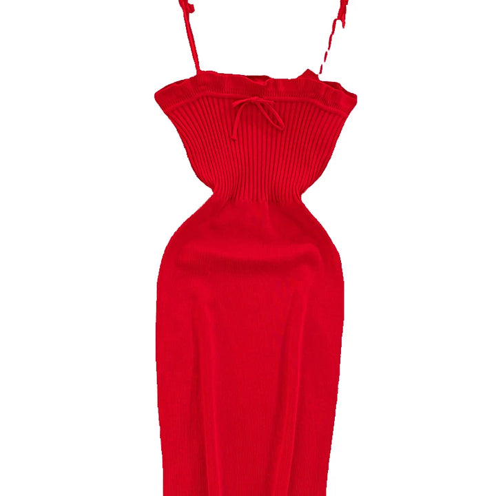 2024 Ribbed Lace Up Dress  Elegant Solid Slim Ruffle Trim Dress Women&