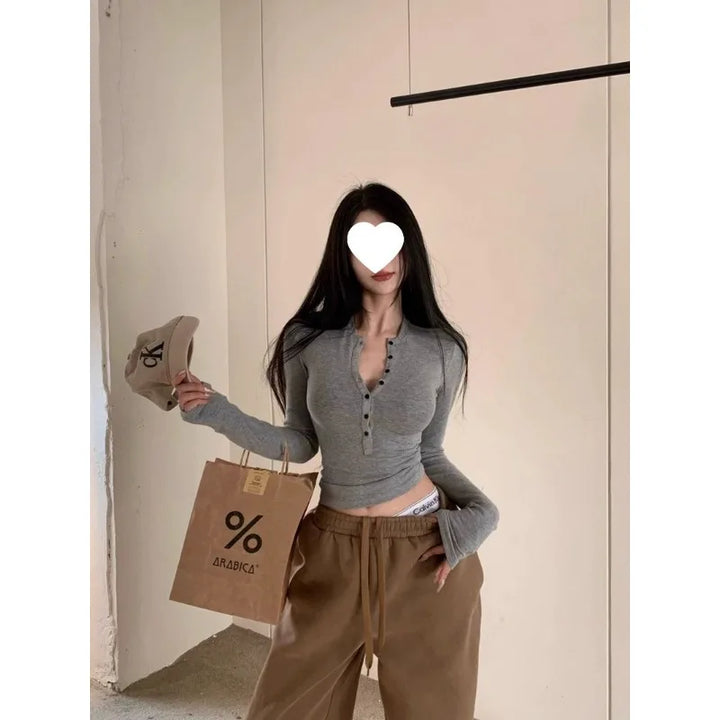 V-neck Long-sleeved T-shirt for Women with Button Design Slim Inner Tees Layering Top