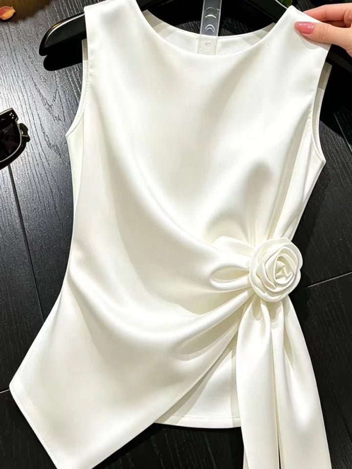 Elegant Chic Satin Tanks Women Slim O Neck 3D Floral Fashion Sexy Tanks Summer Casual Lady Sweet Solid Design Ins Sleeveless Top