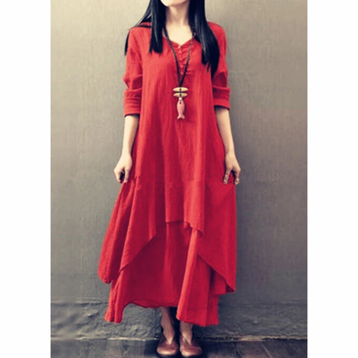 Spring Autumn Women Maxi Dresses Casual Full Sleeve Bohe Cotton Women&