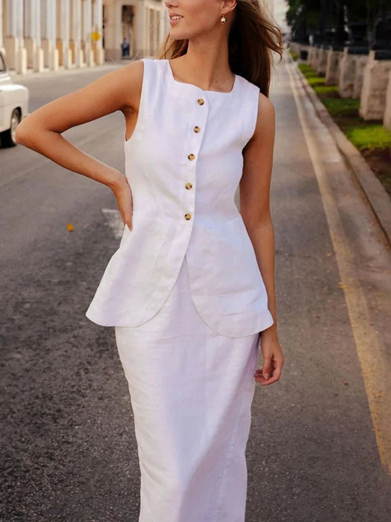 Chic Cotton Long Dress Set Women Summer Sleeveless Solid Single Breasted Best Top Back Split Maxi Skirts Lady 2 Pieces Suits