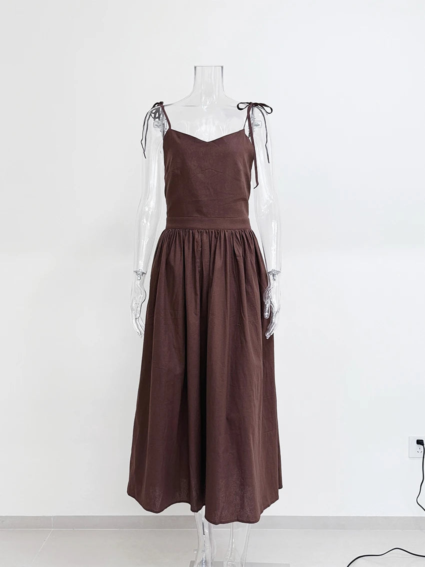 WXOY Cotton Backless Maxi Dress French Style Spaghetti Strap Solid Color Elegant Holiday Sleeveless Sundress Vacation Outfit