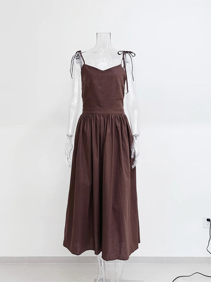 WXOY Cotton Backless Maxi Dress French Style Spaghetti Strap Solid Color Elegant Holiday Sleeveless Sundress Vacation Outfit