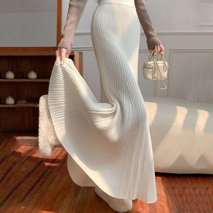 Sexy Hip-Wrapped Knitting Long Skirt for Women Elegant Elastic High Waist Mermaid Skirts Woman Pleated A Line Midi Skirt Ladies