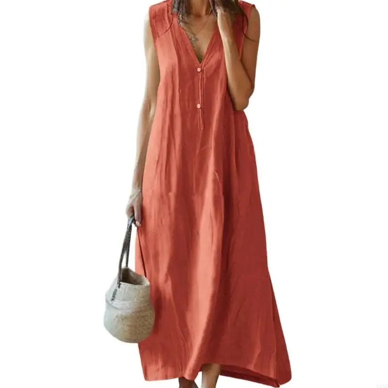Y3NE Womens Cotton Linen Dress Casual V-Neck Sleeveless Spring Maxi Dresses Beach Dresses Vacation Outfits