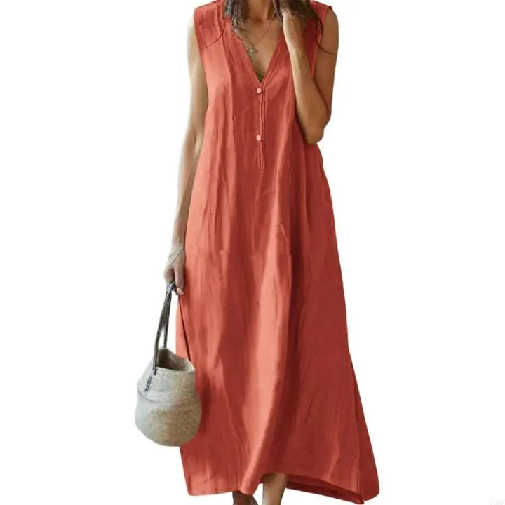 Y3NE Womens Cotton Linen Dress Casual V-Neck Sleeveless Spring Maxi Dresses Beach Dresses Vacation Outfits