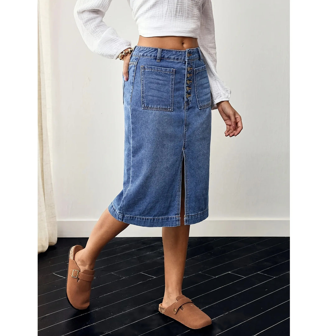 Fashion Multi-breasted Denim Skirt Front Split Fork Straight Denim Skirt Women