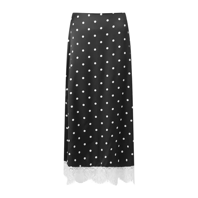 hirigin Women Elegant Lace Satin Spliced Midi Skirts Sexy Dots Print High Waist Retro Casual Straight Midi Skirts Y2K Streetwear
