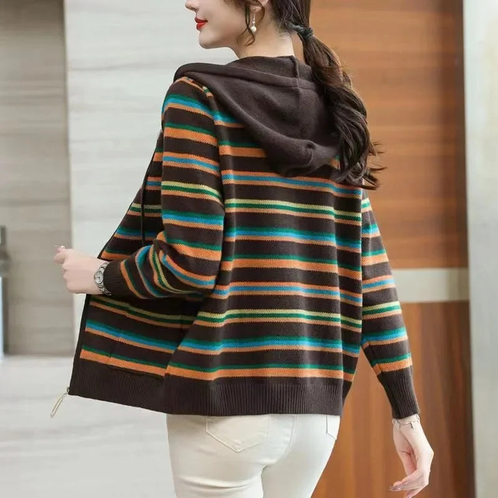 2026 New Knitwear Western Striped Sweater Female Hooded Sportshirt Coat Women&