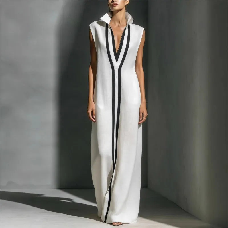 Fashion Colourblock Maxi Dress Women Casual V-neck Sleeveless Loose Dresses Summer Elegant Party Beach Dress Street Vestidos