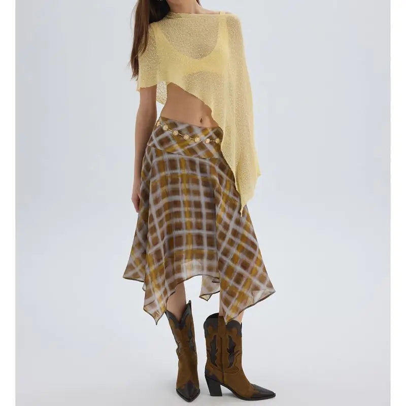 Summer Midi Skirts for Women Side Zipper Low Waist Y2k Vintage Graphic Tie-dye Plaid Print Irregular Ruffle Hem Skirt