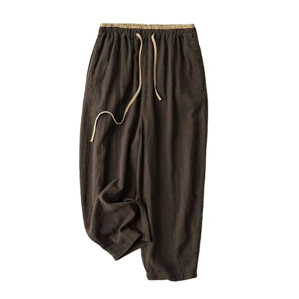 Linen Casual Solid Lace Up Elastic High Waist Loose Wide Leg Women&