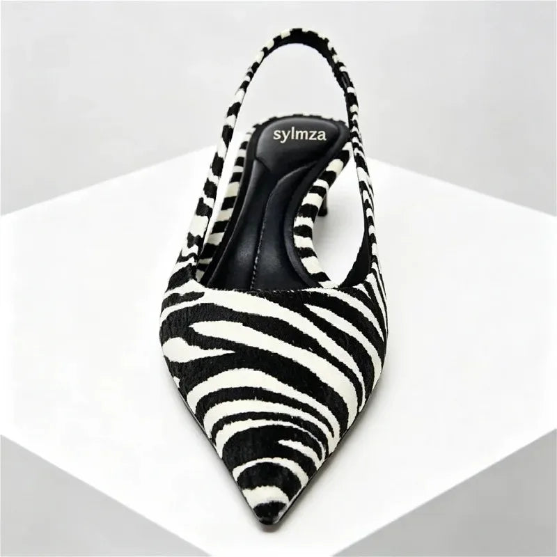 Elegant Zebra Print Design Kitten Heel Pumps Women Sexy Pointed Toe Slingbacks High Heels for Ladies Comfortable Designer Shoes