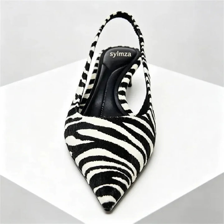 Elegant Zebra Print Design Kitten Heel Pumps Women Sexy Pointed Toe Slingbacks High Heels for Ladies Comfortable Designer Shoes