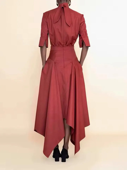 Women's Formal Evening Gowns Red Asymmetric Skirt Evening Dresses Elegant Party Dresses Tie Neck Blouse & High Waist Maxi Set
