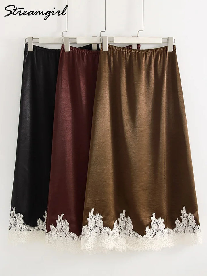 Streamgirl Midi Lace Satin Skirts Women Spring Summer High Waist Straight Burgundy Skirts With Lace For Women Office Wear Skirt