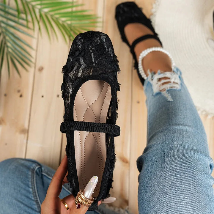 French-style Net Flower Mary Jane Flat Shoes for Women Sweet Square-toe Ballet-inspired Single Shoes Woman Summer Fairy Sandals