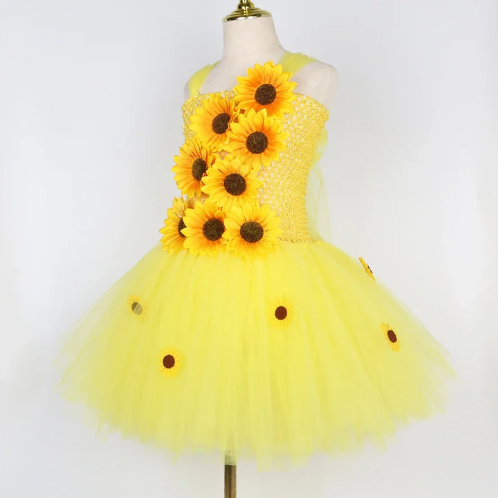 Fall Autumn Sunflower Fairy Princess Dress for Girls Thanksgiving Holiday Party Costume Set Yellow Kids Flower Girl Tutu Dresses