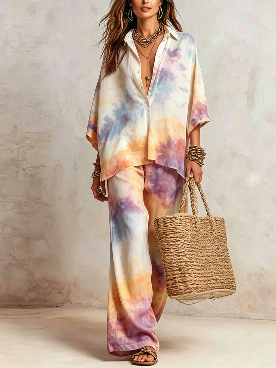 Boho Tie Dye Print 2 Piece Set Women Summer Lapel 3/4 Sleeve Shirt Top &amp; Wide Leg Pants Streetwear Casual Loose Trousers Suit