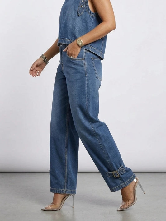 Missuoo 2026 New American Retro Women's Jeans Blue High Waist Curved Wide Leg Denim Trousers with Buckles for Street Style
