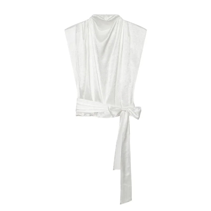 Satin Shawl Collar Sleeveless Crop Top, Women&