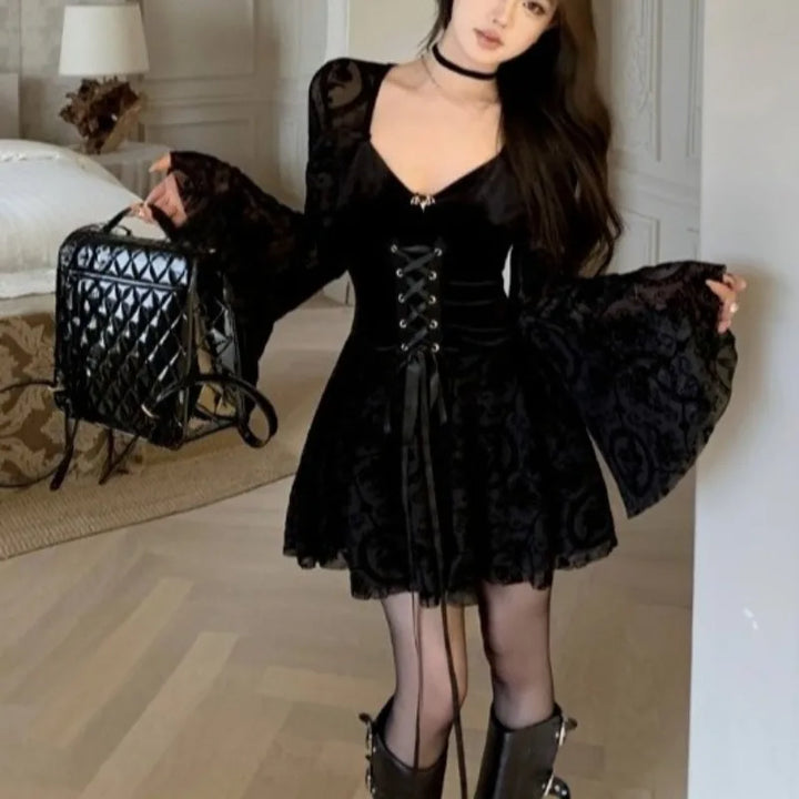 Black Velvet Dresses For Women Flare Sleeve Birthday Party Vestidos Mujer Autumn Winter Korean Fashion Mini Dress