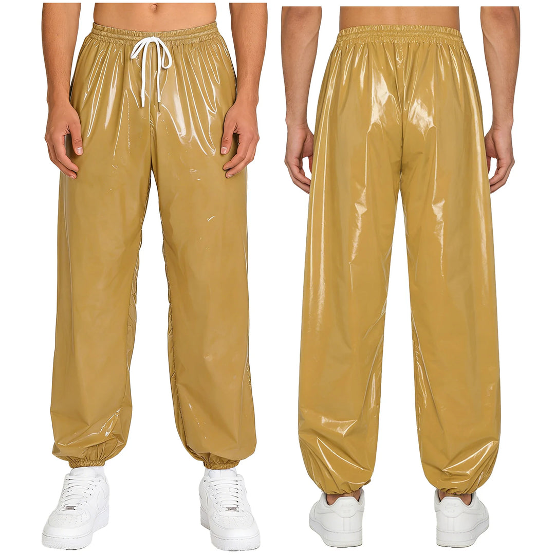 Mens Waterproof Jogger Pants Wet Look Drawstring Elastic Waistband Loose Track Pants Workout Cycling Motorcycle Biker Trousers