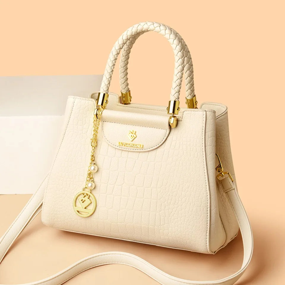 Woven Handle Elegant Handbag for Women High Quality Leather Top-Handle Bags Ladies Shoulder Crossbody Bag Quality Casual Tote