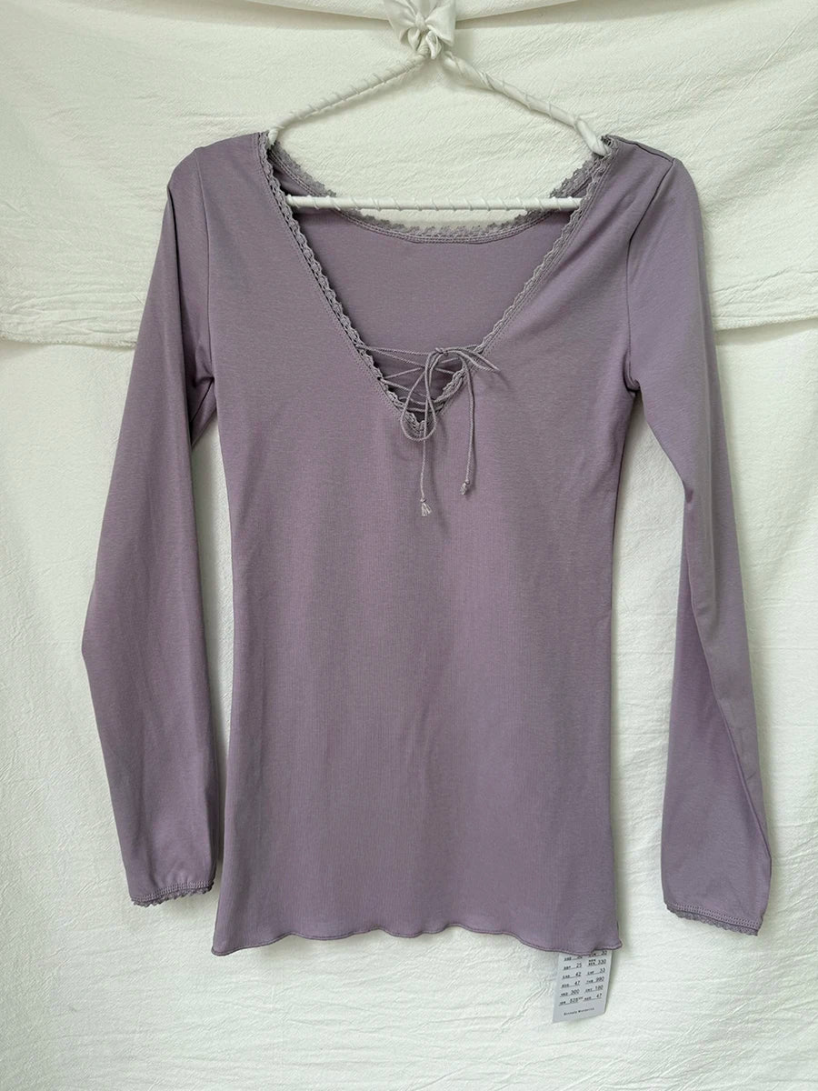 V-neck Lace-up Long Sleeve Tees Women Spring New Streetwear Cotton Slim Lace Trim Tops Sweet Simple Chic Beige T-shirts Y2K