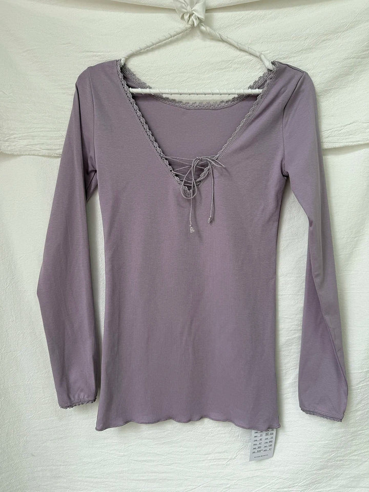 V-neck Lace-up Long Sleeve Tees Women Spring New Streetwear Cotton Slim Lace Trim Tops Sweet Simple Chic Beige T-shirts Y2K