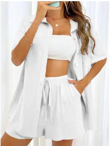 Fashion Women Shirt + Shorts Two Piece Set Solid Color Shirt Suit 2025 New Casual Loose Short Sleeve Single Breasted Women&