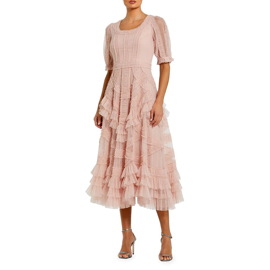 Women Evening Dress Elegant Round Neck Half Sleeve Pleated Formal Gowns Party Mesh Dresses Prom Formal Evening Gowns Celebration