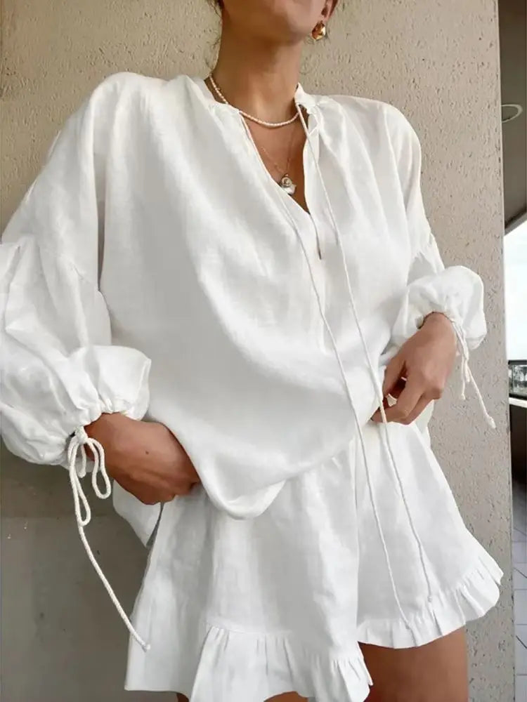 Women Cotton Linen Short Pants Sets Casual Long Sleeve Pullover with Shorts Loose Y2k Streetwear 2 Pieces Outfit Matching Sets