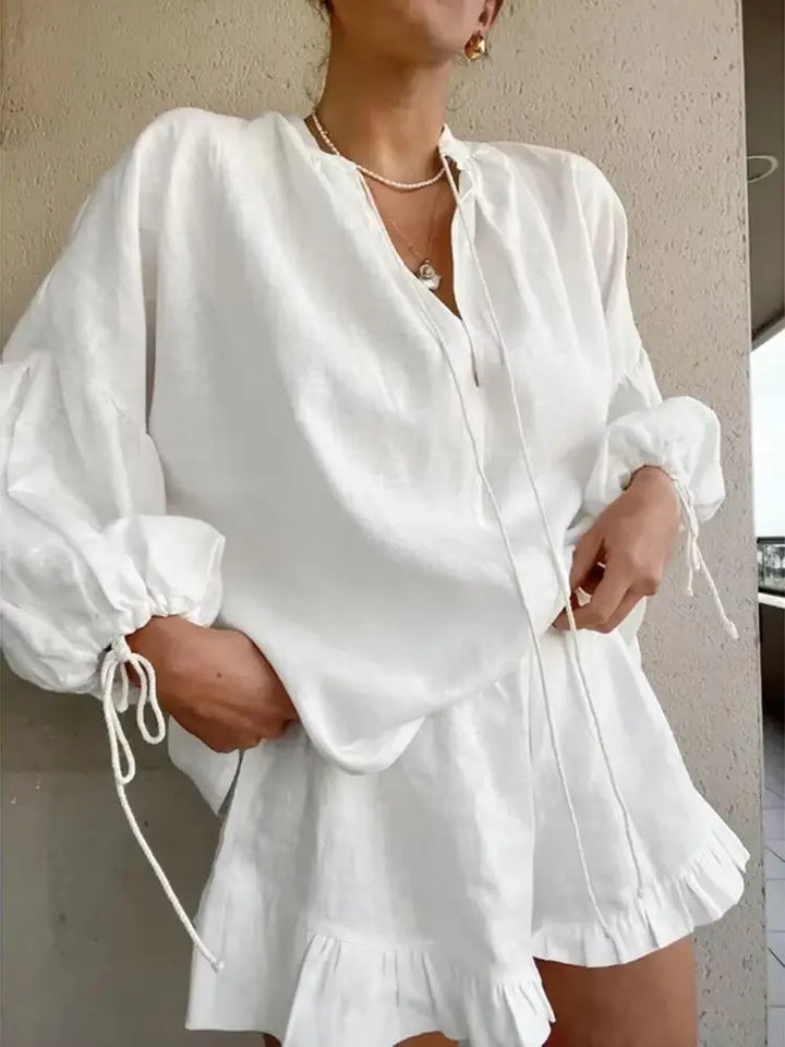 Women Cotton Linen Short Pants Sets Casual Long Sleeve Pullover with Shorts Loose Y2k Streetwear 2 Pieces Outfit Matching Sets